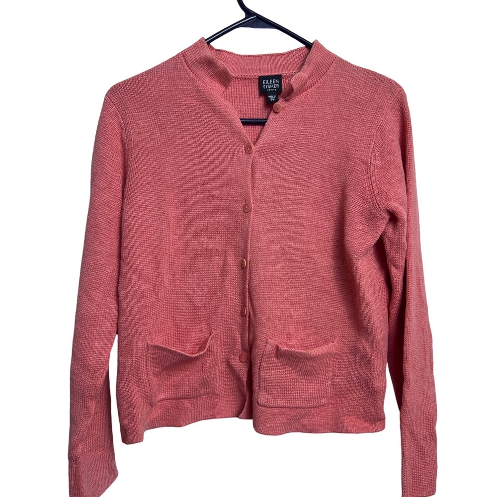 EILEEN FISHER‎ PETITE Coral Pink Linen Knit Button Front Cardigan Sweater PS